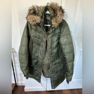Micheal Kors green winter coat with leopard detail, faux fur hood